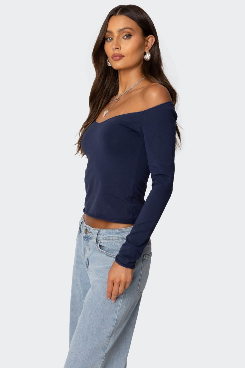 Edikted Nattie Off Shoulder V Neck Long Sleeve Tops Burgundy | USA MV868666Q1