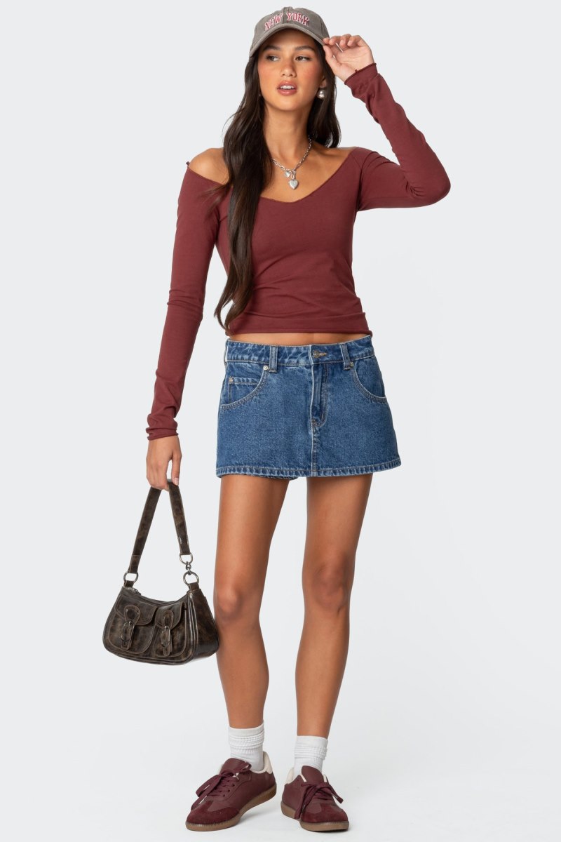 Edikted Nattie Off Shoulder V Neck Long Sleeve Tops Burgundy | USA AN131483D0