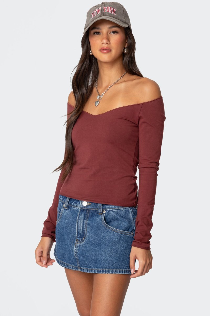 Edikted Nattie Off Shoulder V Neck Long Sleeve Tops Burgundy | USA AN131483D0