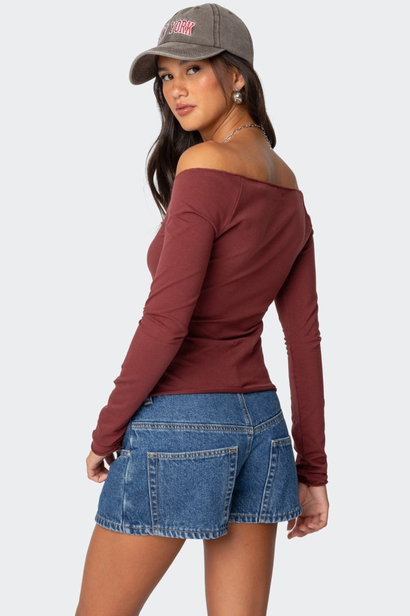 Edikted Nattie Off Shoulder V Neck Long Sleeve Tops Burgundy | USA AN131483D0