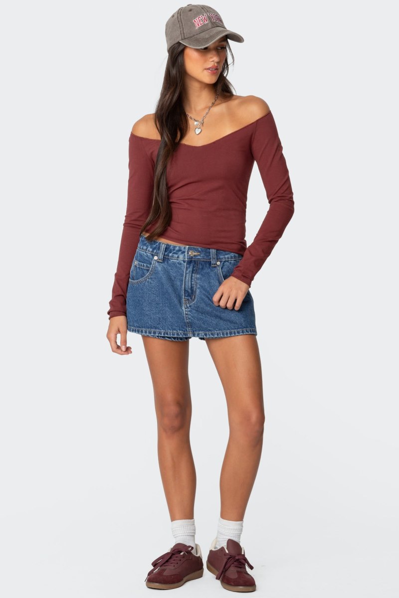 Edikted Nattie Off Shoulder V Neck Long Sleeve Tops Burgundy | USA AN131483D0