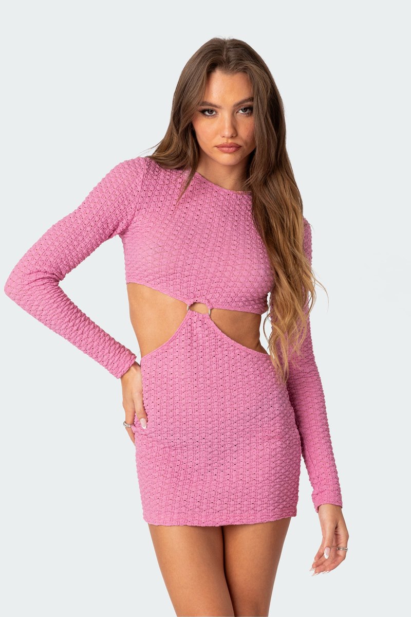 Edikted Nekita Textured Cut Out Mini Long Sleeve Dress Pink | USA EN317841W8