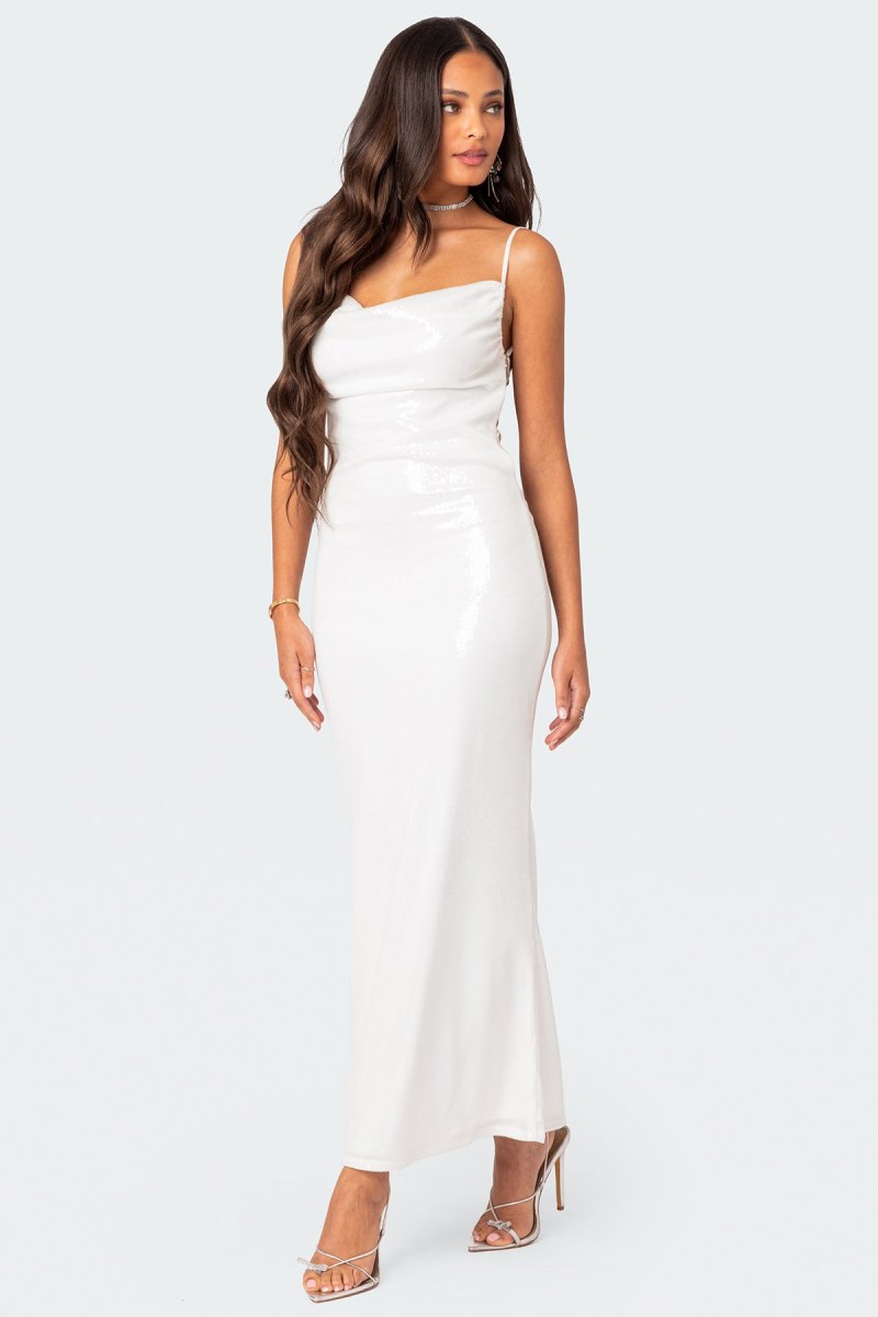 Edikted Nellie Sequin Open Back Maxi Dress Maxi Dress White | USA PS567816Q0