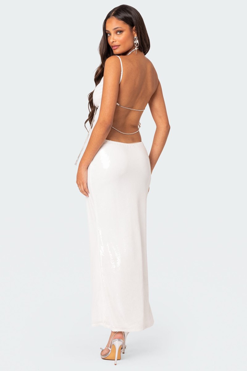 Edikted Nellie Sequin Open Back Maxi Dress Maxi Dress White | USA PS567816Q0