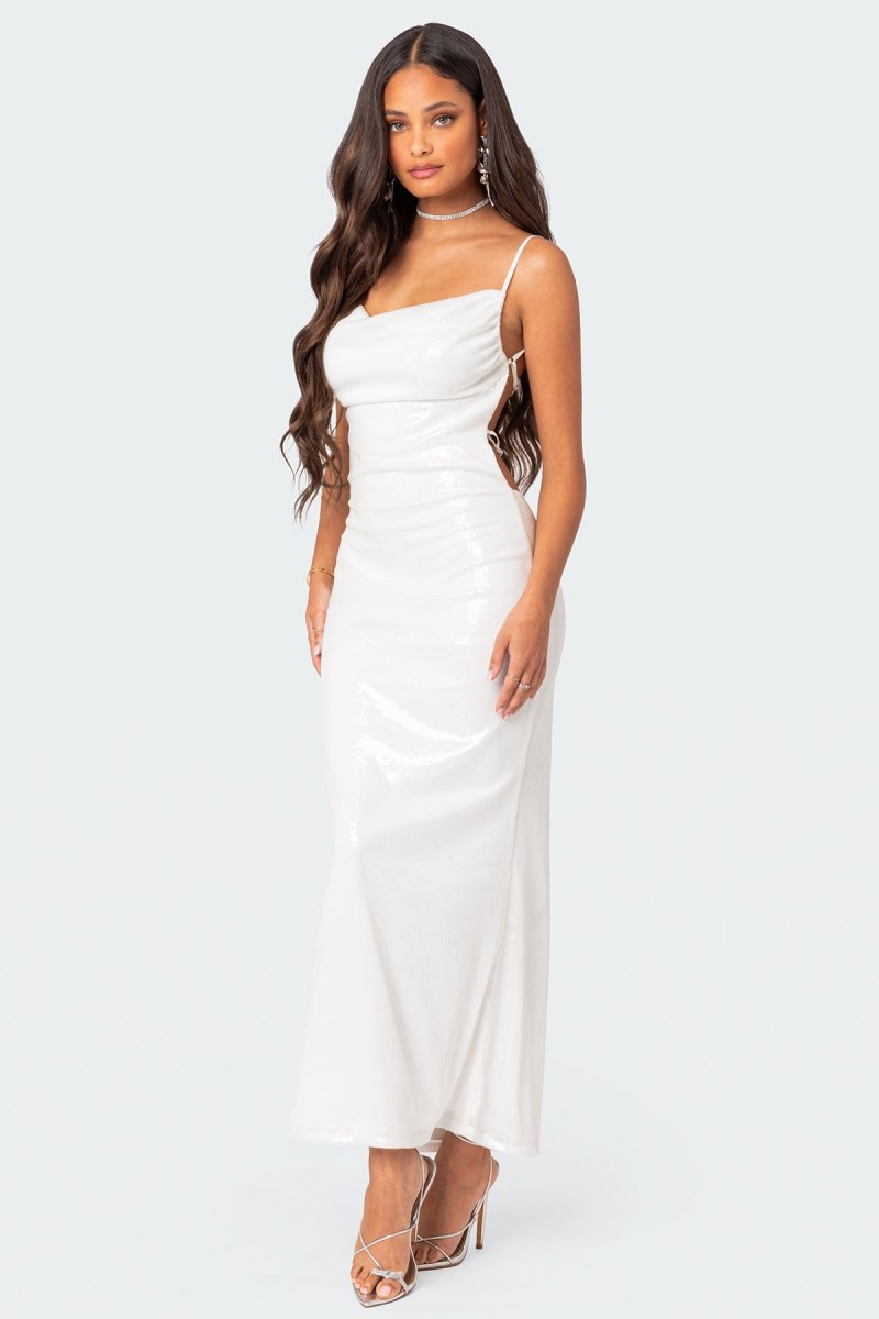 Edikted Nellie Sequin Open Back Maxi Dress Maxi Dress White | USA PS567816Q0