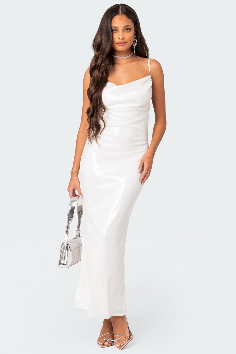 Edikted Nellie Sequin Open Back Maxi Dress Maxi Dress White | USA PS567816Q0