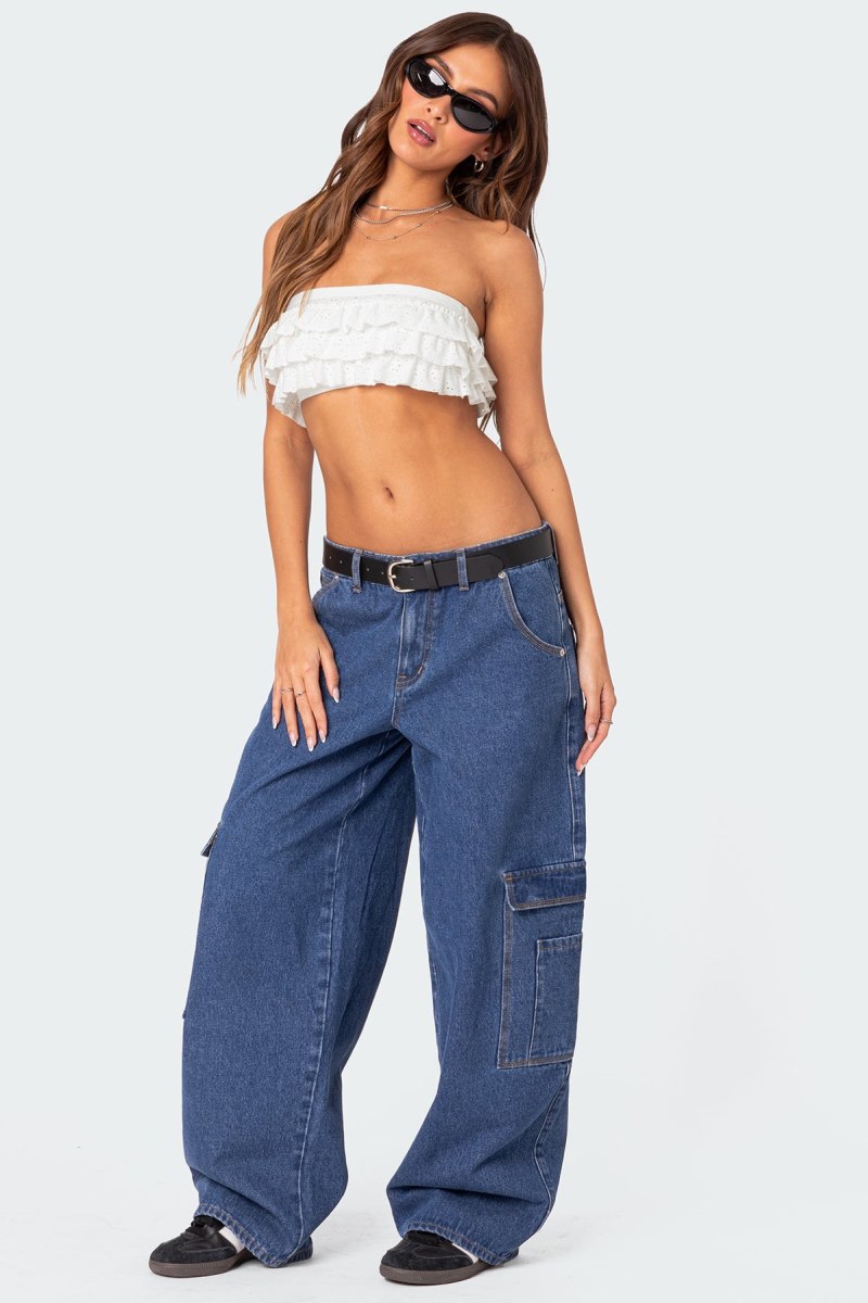 Edikted Nia Ruffled Eyelet Bandeau Crop Tops White | USA VY749524S9