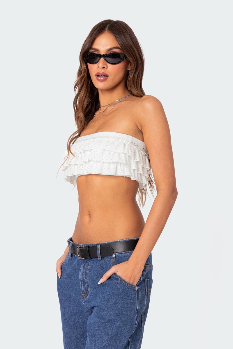 Edikted Nia Ruffled Eyelet Bandeau Crop Tops White | USA VY749524S9