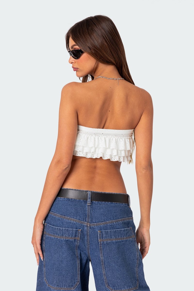 Edikted Nia Ruffled Eyelet Bandeau Crop Tops White | USA VY749524S9