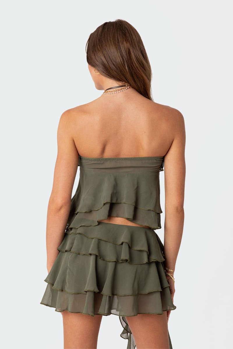 Edikted Nico Ruffled Strapless Crop Tops Olive | USA CV806230O0