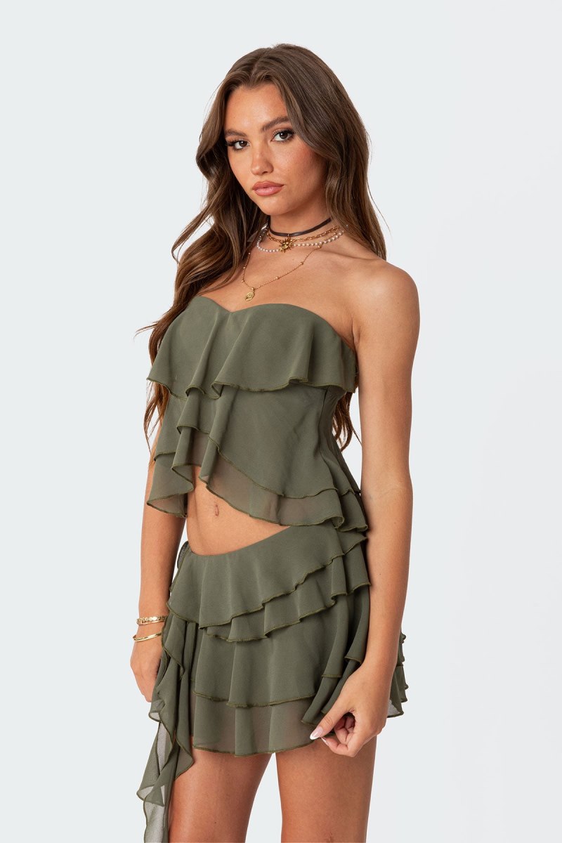 Edikted Nico Ruffled Strapless Strapless Tops Olive | USA BL458855D6