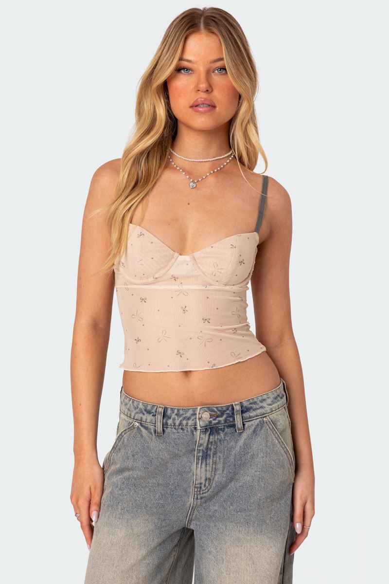 Edikted Nicola Sheer Mesh Printed Bra Tank Top Beige | USA PW793179V6