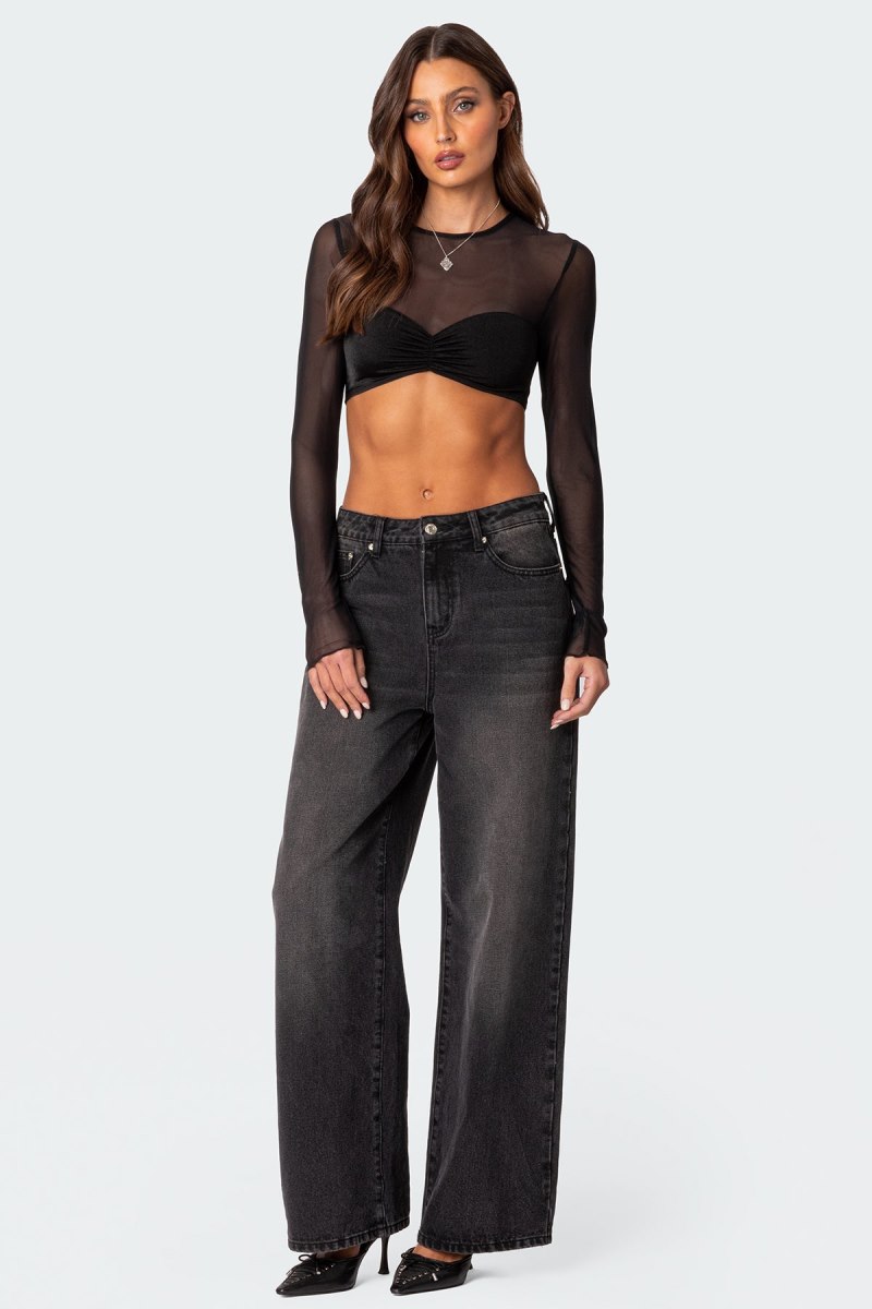 Edikted Night Out Sheer Crop Tops Black | USA RF463276G3