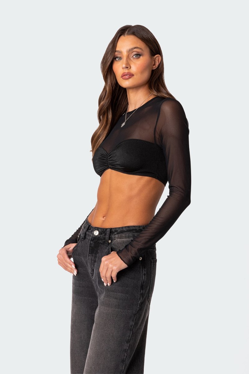 Edikted Night Out Sheer Crop Tops Black | USA RF463276G3