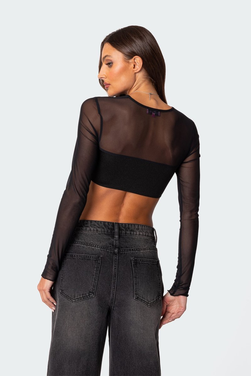 Edikted Night Out Sheer Crop Tops Black | USA RF463276G3