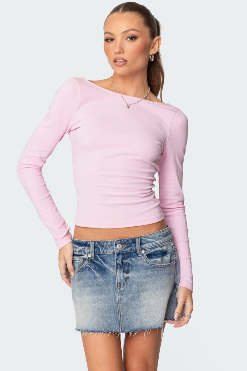 Edikted Nila Backless Boat Neck Long Sleeve Tops Pink | USA JP012051M5
