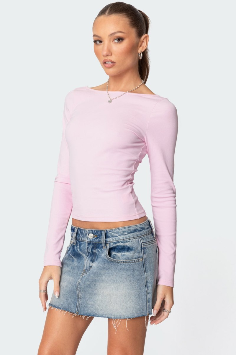 Edikted Nila Backless Boat Neck Long Sleeve Tops Pink | USA JP012051M5