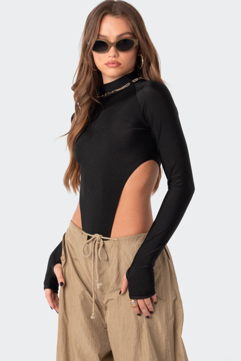 Edikted Nina High Cut Bodysuit Long Sleeve Tops Black | USA BQ940554R4