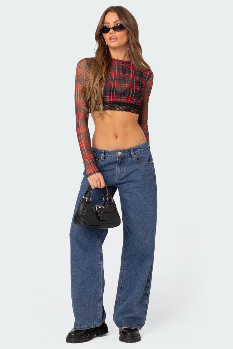 Edikted Noel Plaid Printed Mesh Crop Tops Mix | USA VO707030W8
