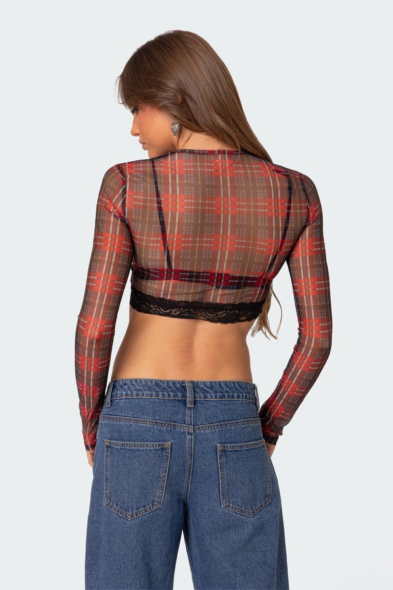 Edikted Noel Plaid Printed Mesh Crop Tops Mix | USA VO707030W8