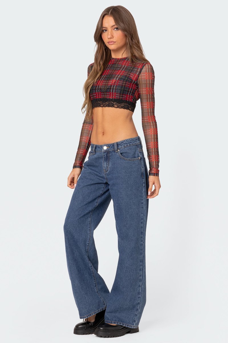 Edikted Noel Plaid Printed Mesh Crop Tops Mix | USA VO707030W8