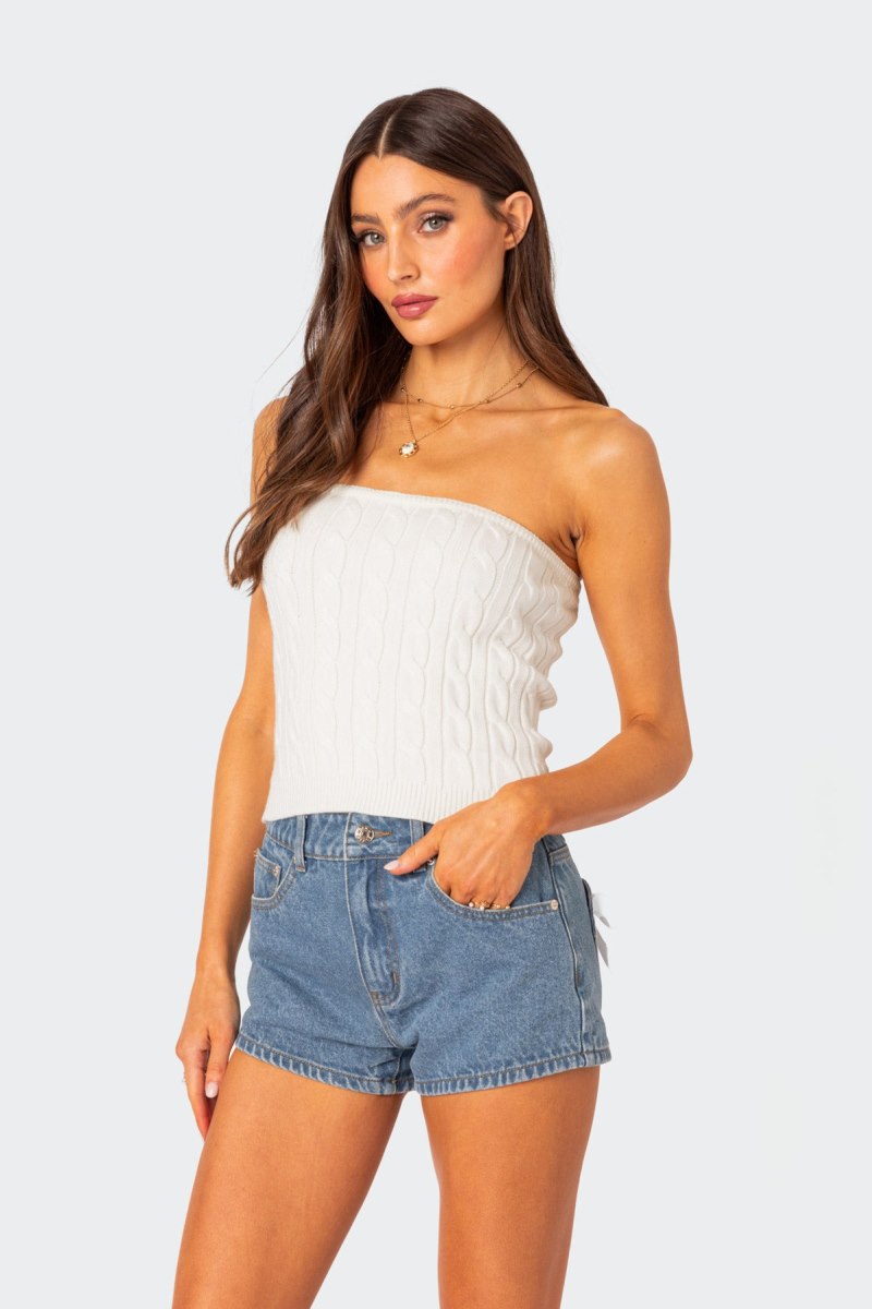 Edikted North Cable Strapless Knitted Tops Cream | USA FM684338N4