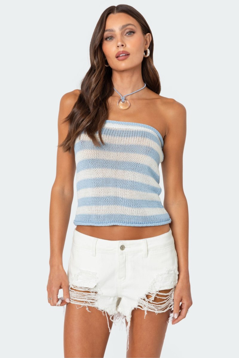 Edikted Nox Striped Knit Tube Strapless Tops Blue And White | USA EM891289D1