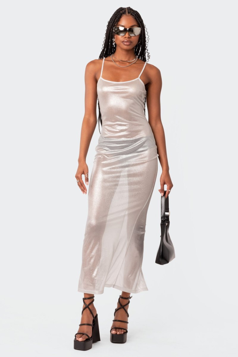Edikted Nyla Sheer Glittery Back Slit Maxi Dress Maxi Dress White | USA PA681348M4