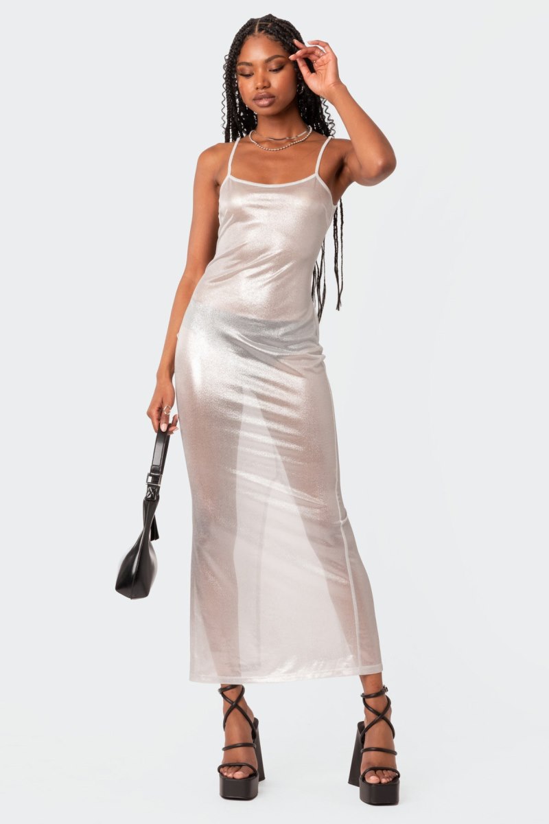 Edikted Nyla Sheer Glittery Back Slit Maxi Dress Maxi Dress White | USA PA681348M4