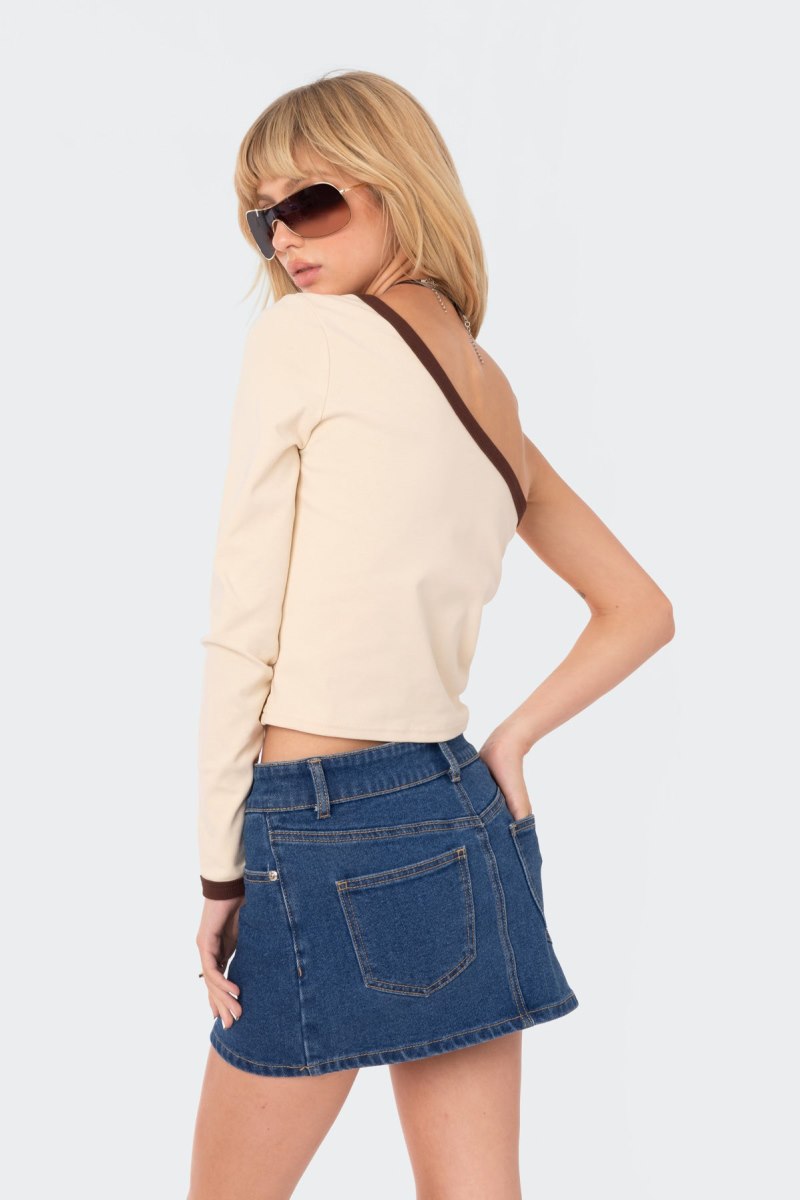 Edikted Nyra One Shoulder Graphic Tops Beige | USA CB706100Z4