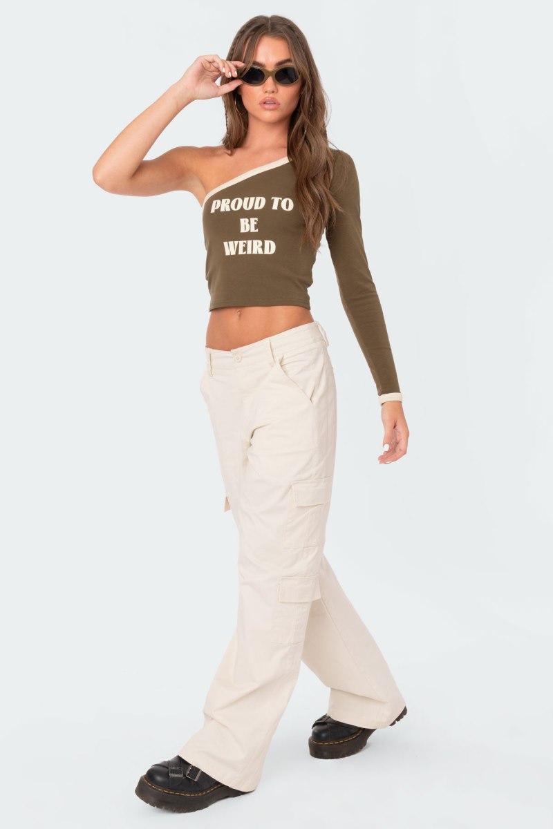 Edikted Nyra One Shoulder Graphic Tops Beige | USA JM265216S0