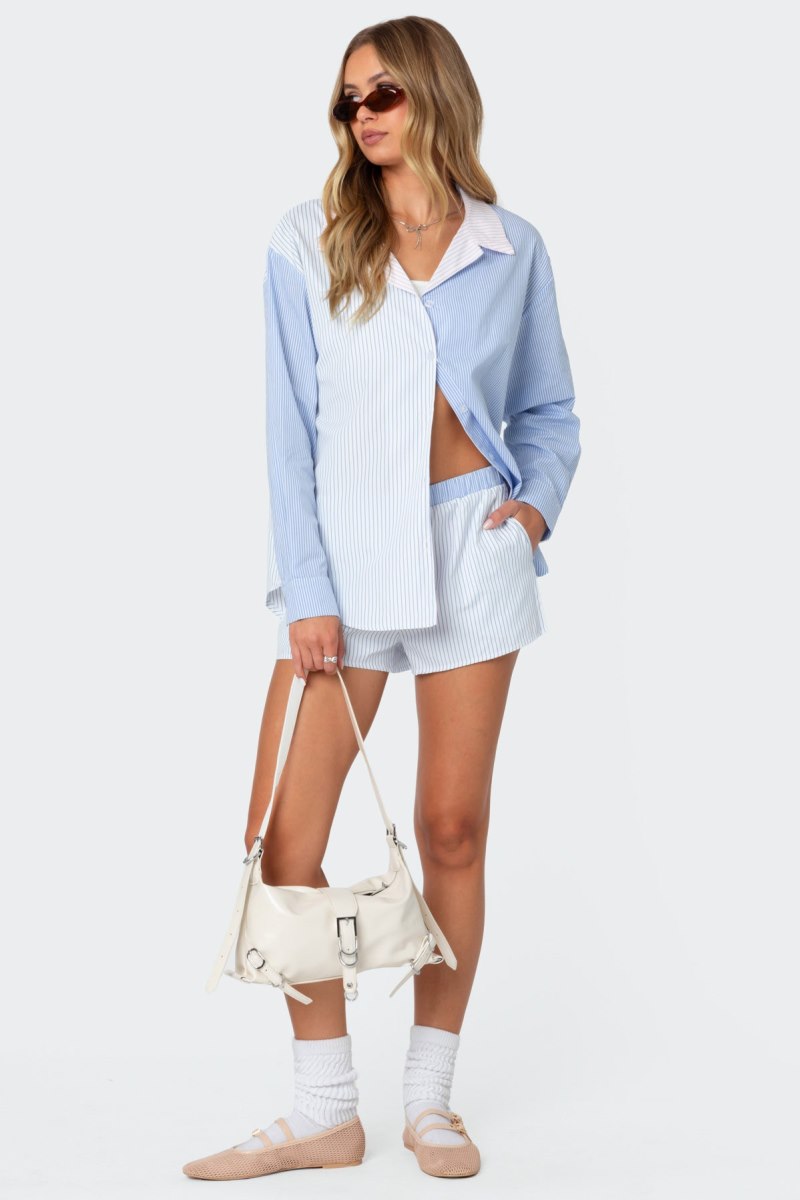Edikted Oaklie Mix Striped Button Up Shirt Long Sleeve Tops Blue | USA TZ661286I7