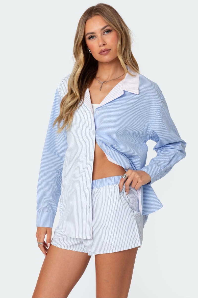 Edikted Oaklie Mix Striped Button Up Shirt Long Sleeve Tops Blue | USA TZ661286I7