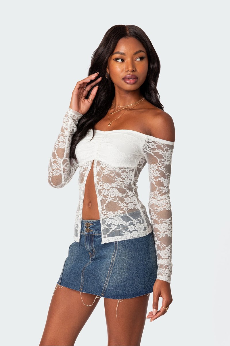 Edikted Odessa Split Front Sheer Lace Long Sleeve Tops White | USA PW946124R3