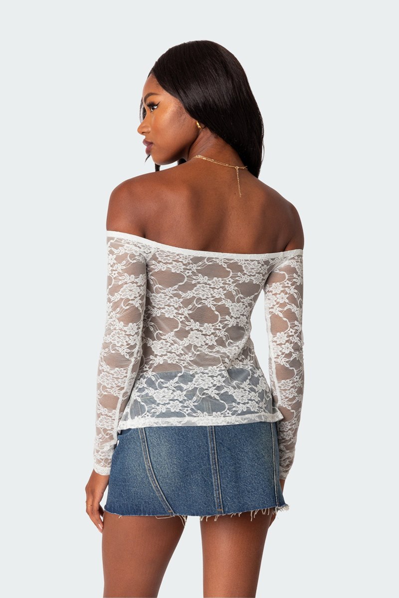 Edikted Odessa Split Front Sheer Lace Long Sleeve Tops White | USA PW946124R3