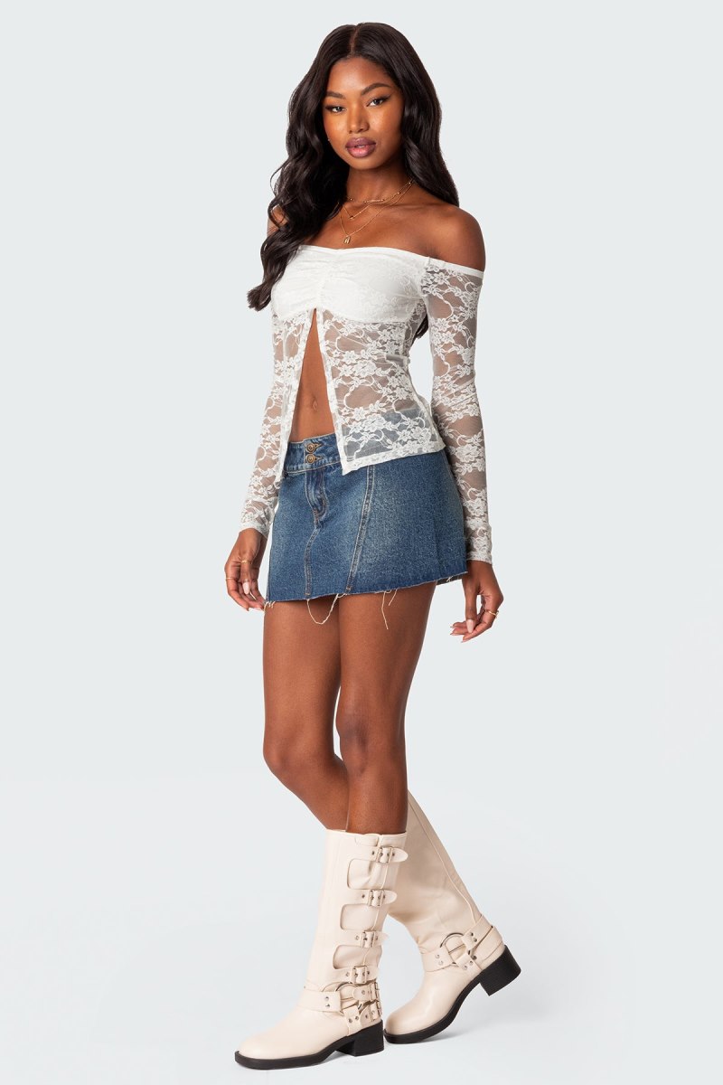 Edikted Odessa Split Front Sheer Lace Long Sleeve Tops White | USA PW946124R3