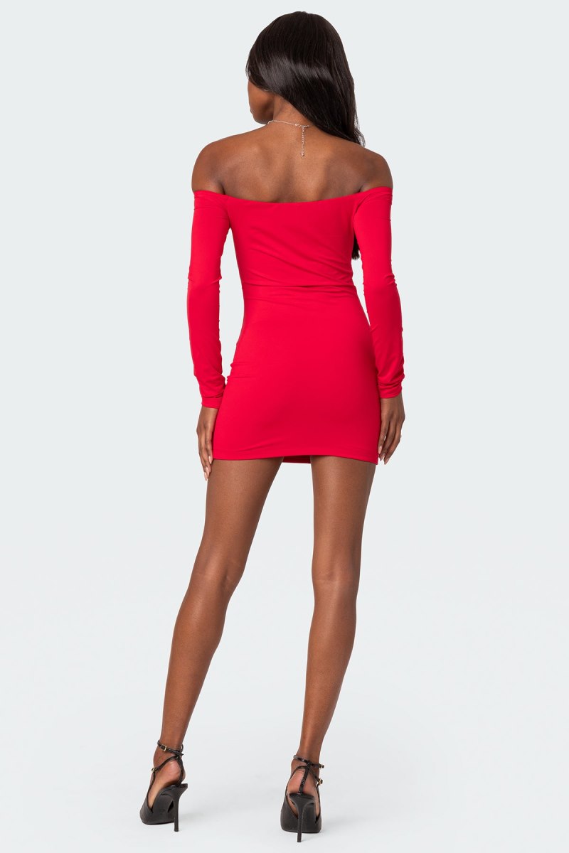 Edikted Off Shoulder Gathered Mini Long Sleeve Dress Red | USA LJ673247B8