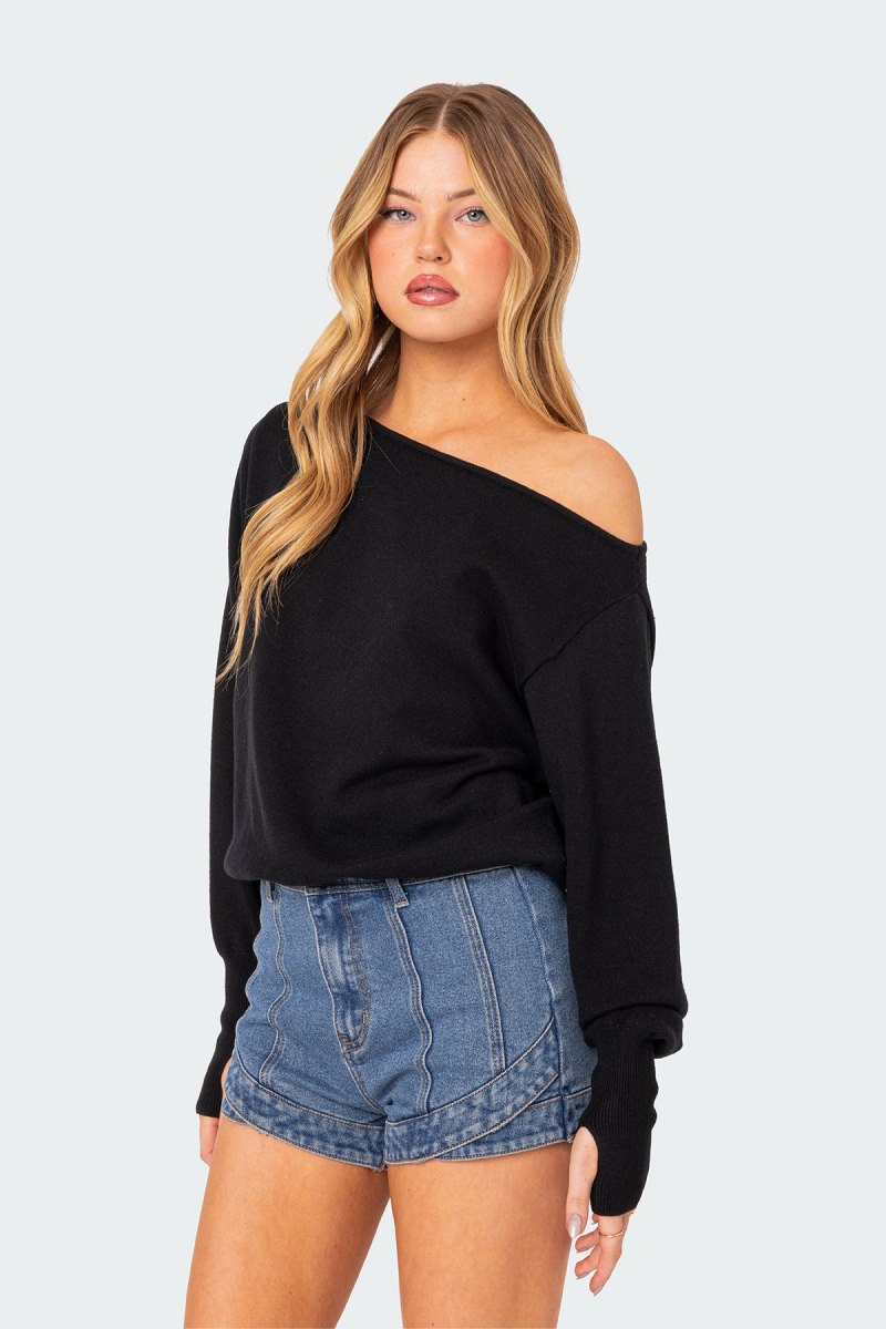 Edikted Off Shoulder Oversized Sweater Black | USA DG305710S2