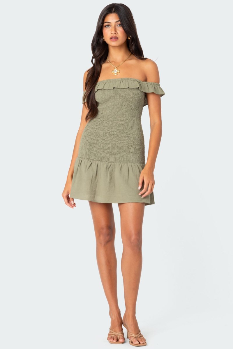 Edikted Off Shoulder Scrunched Linen Look Mini Dress Olive | USA NC726132L5