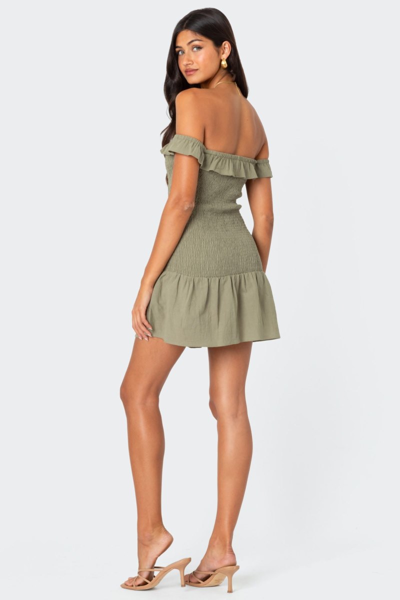 Edikted Off Shoulder Scrunched Linen Look Mini Dress Olive | USA NC726132L5