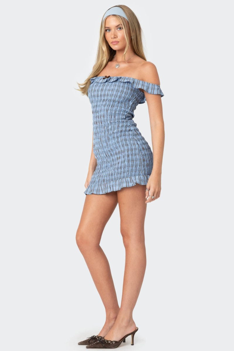 Edikted Off Shoulder Scrunched Plaid Mini Dress Blue | USA GQ993239R7