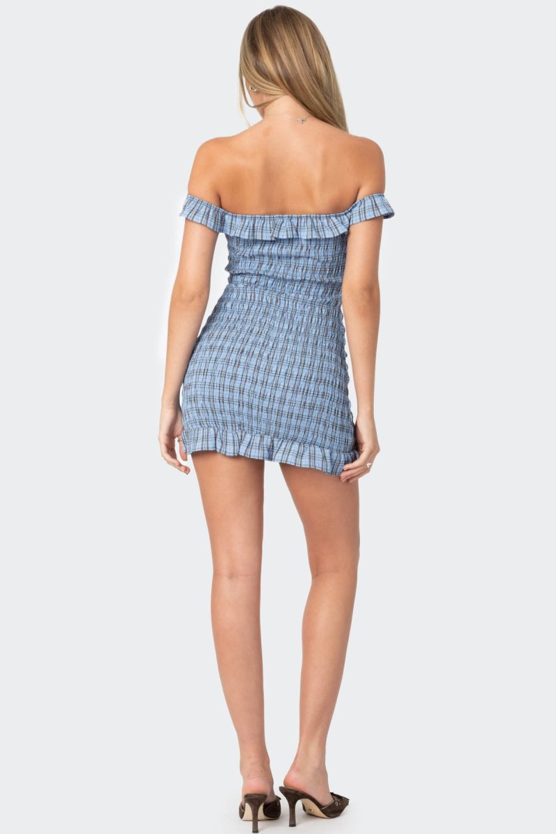 Edikted Off Shoulder Scrunched Plaid Mini Dress Blue | USA GQ993239R7