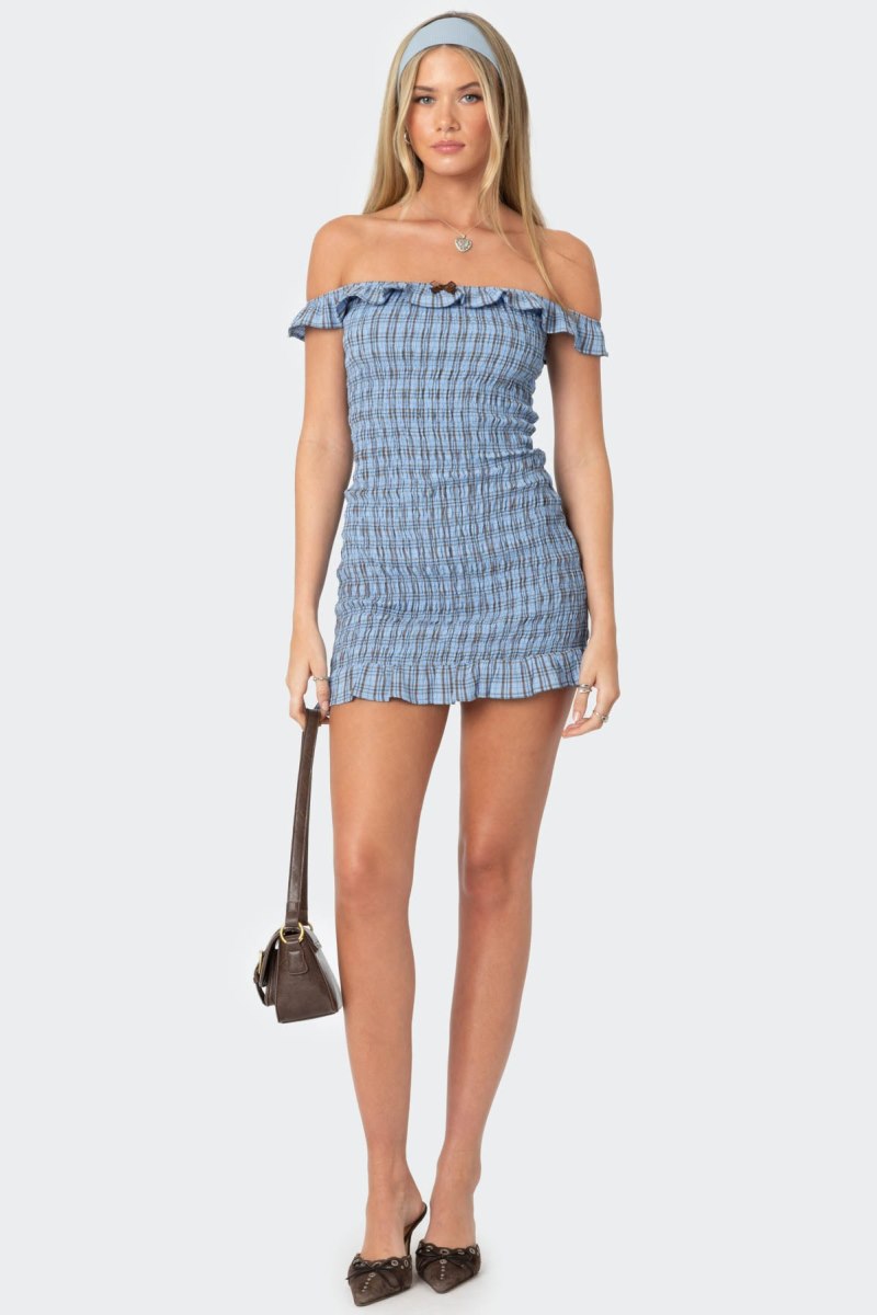 Edikted Off Shoulder Scrunched Plaid Mini Dress Blue | USA GQ993239R7