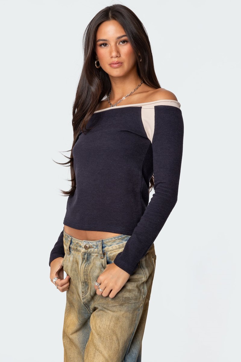 Edikted Off Shoulder Thermal Long Sleeve Tops Navy | USA EJ568336O6
