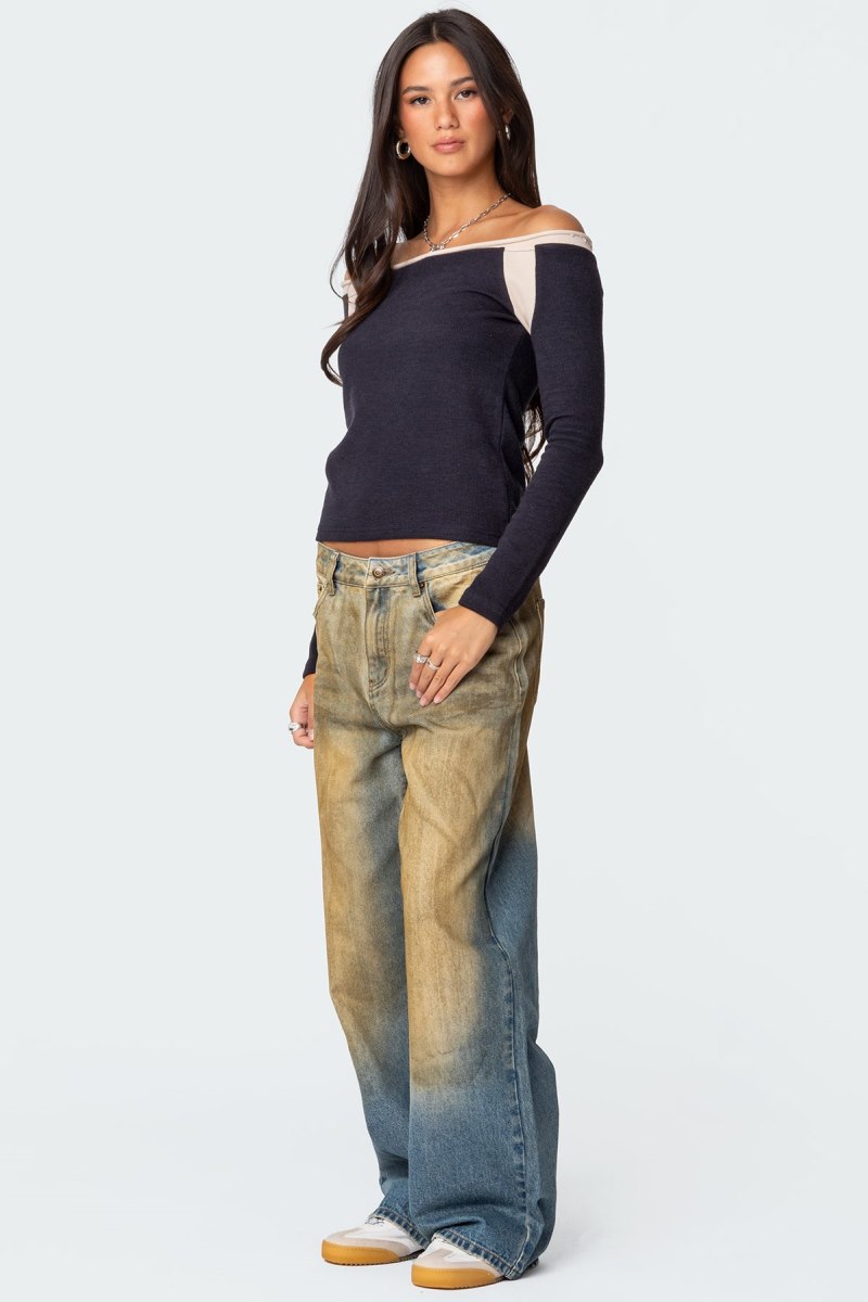 Edikted Off Shoulder Thermal Long Sleeve Tops Navy | USA EJ568336O6