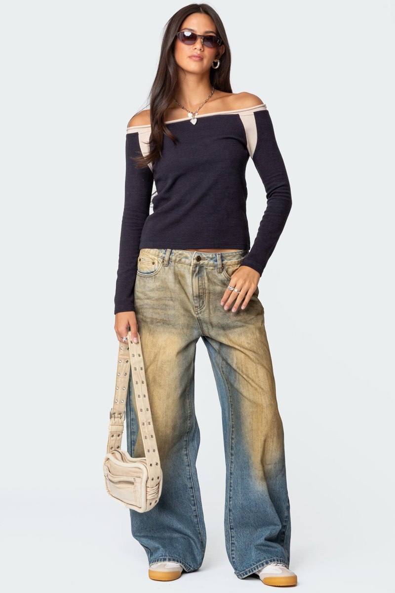 Edikted Off Shoulder Thermal Long Sleeve Tops Navy | USA EJ568336O6