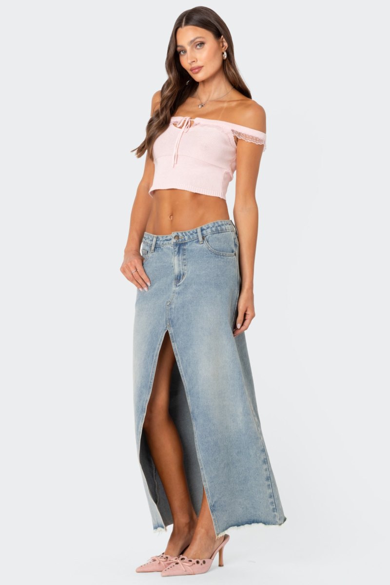 Edikted Off Shoulder Trimmed Knit Crop Tops Light Pink | USA RQ400040B6