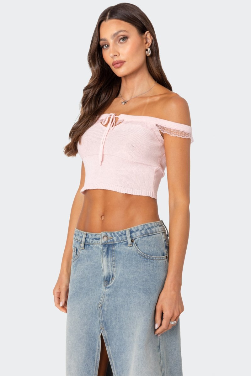 Edikted Off Shoulder Trimmed Knit Crop Tops Light Pink | USA RQ400040B6