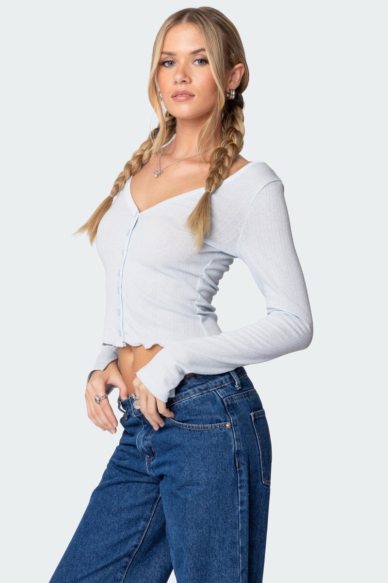 Edikted Ollie Button Front Pointelle Long Sleeve Tops Light Blue | USA GH310811Z1
