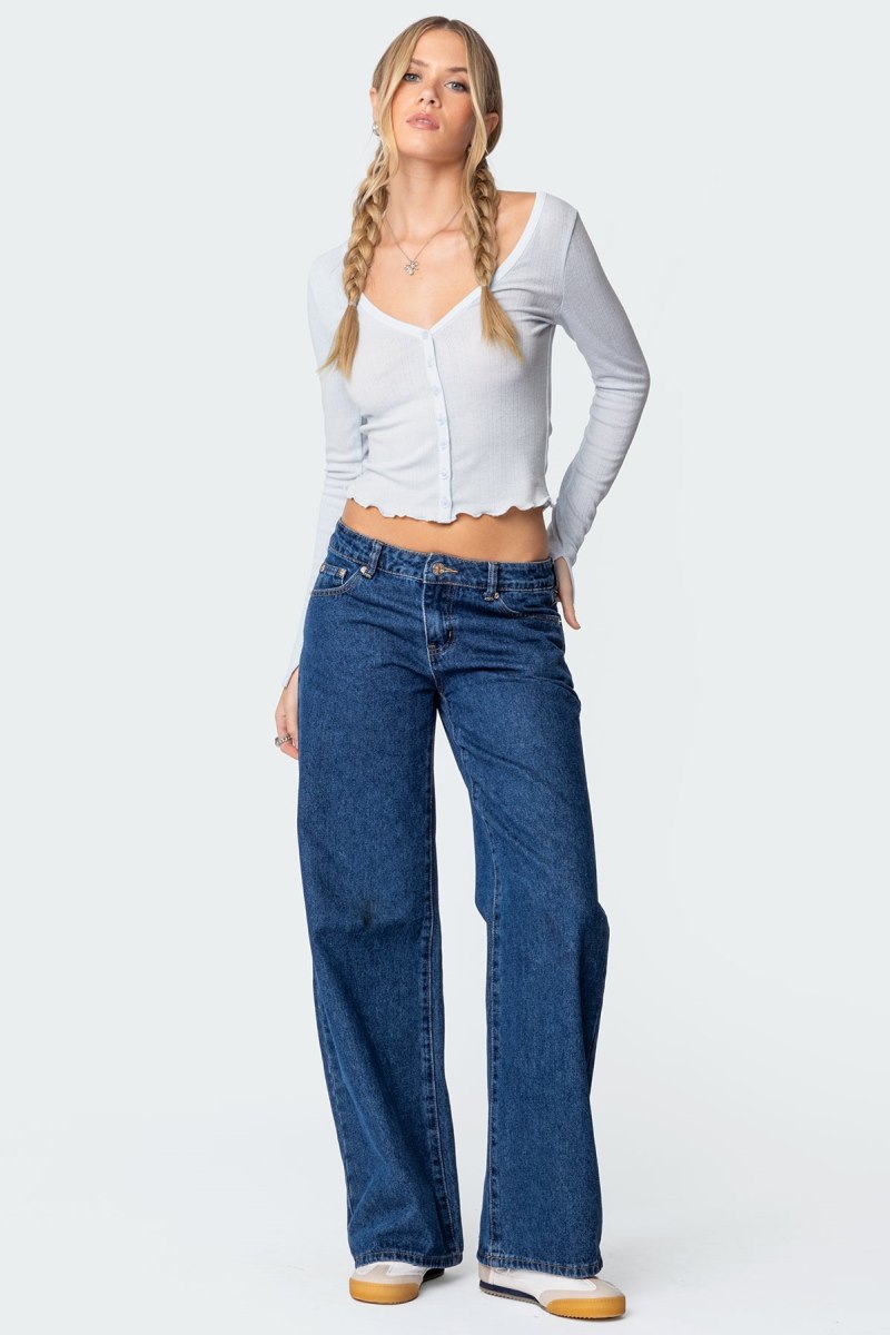 Edikted Ollie Button Front Pointelle Long Sleeve Tops Light Blue | USA GH310811Z1